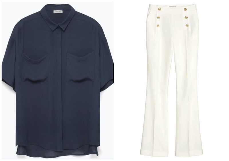 Πουκάμισο American Vintage, 100,00 € και παντελόνι με κουμπιά, H&M, 34,99 €.