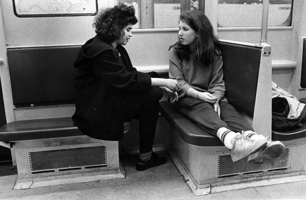 Molly and Zoe riding the C train home from school, 1985