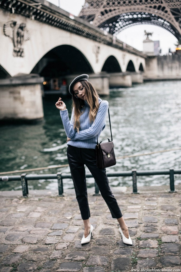 paris-fashion-week-baby-blue-turtleneck-leather-pants-white-celine-v-neck-shoes-grey-beret-fall-trends-2016-1