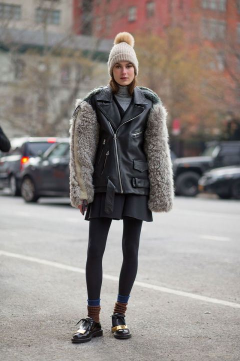 pom-pom-beanie-mixed-materials-mini-skirt-tights-socks-and-loafers-creepers-fur-trim-moto-jacket-winter-outfits-what-to-wear-when-its-freezing-nyfw-2016-street-style-hbz