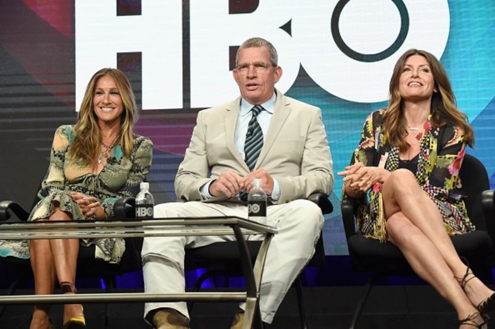 Sarah Jessica Parker with Thomas Haden Church, who plays her husband in Divorce, and the show's writer Sharon Horgan