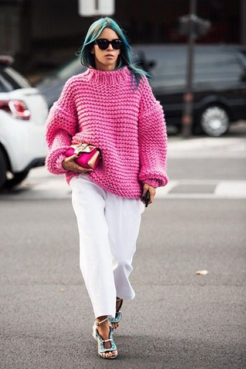 we329x-l-610x610-sweater-neonpinksweater-whiteflaredpants-blueheels-blogger-sunglasses-small