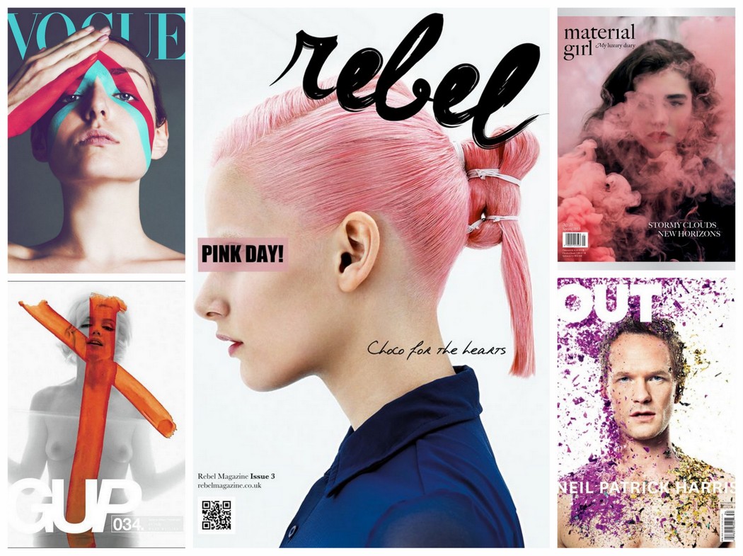 1) Vogue Magazine Cover by Jessica Fecteau, 2) Neil Patrick Harris, Out Magazine, 3) Gup Magazine Issue #3, 4) Material Girl, spring 2013, 5) Rebel Magazine, Issue 3