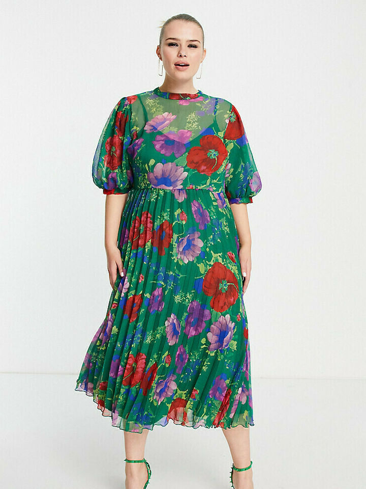 ASOS DESIGN Curve high neck pleated chevron dobby midi dress with puff sleeve in green floral print